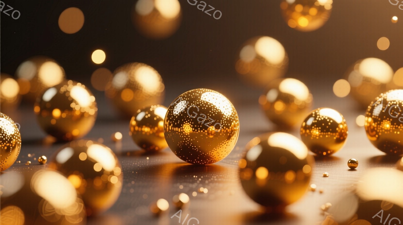 輝く金色の球体が、暗い背景の中に浮かび、まるで星屑のような光景が広がっている。球体は様々な大きさで、表面には細かいテクスチャが見られ、光を反射してキラキラと輝いている。全体的に幻想的で、温かく穏やかな雰囲気が漂っている。