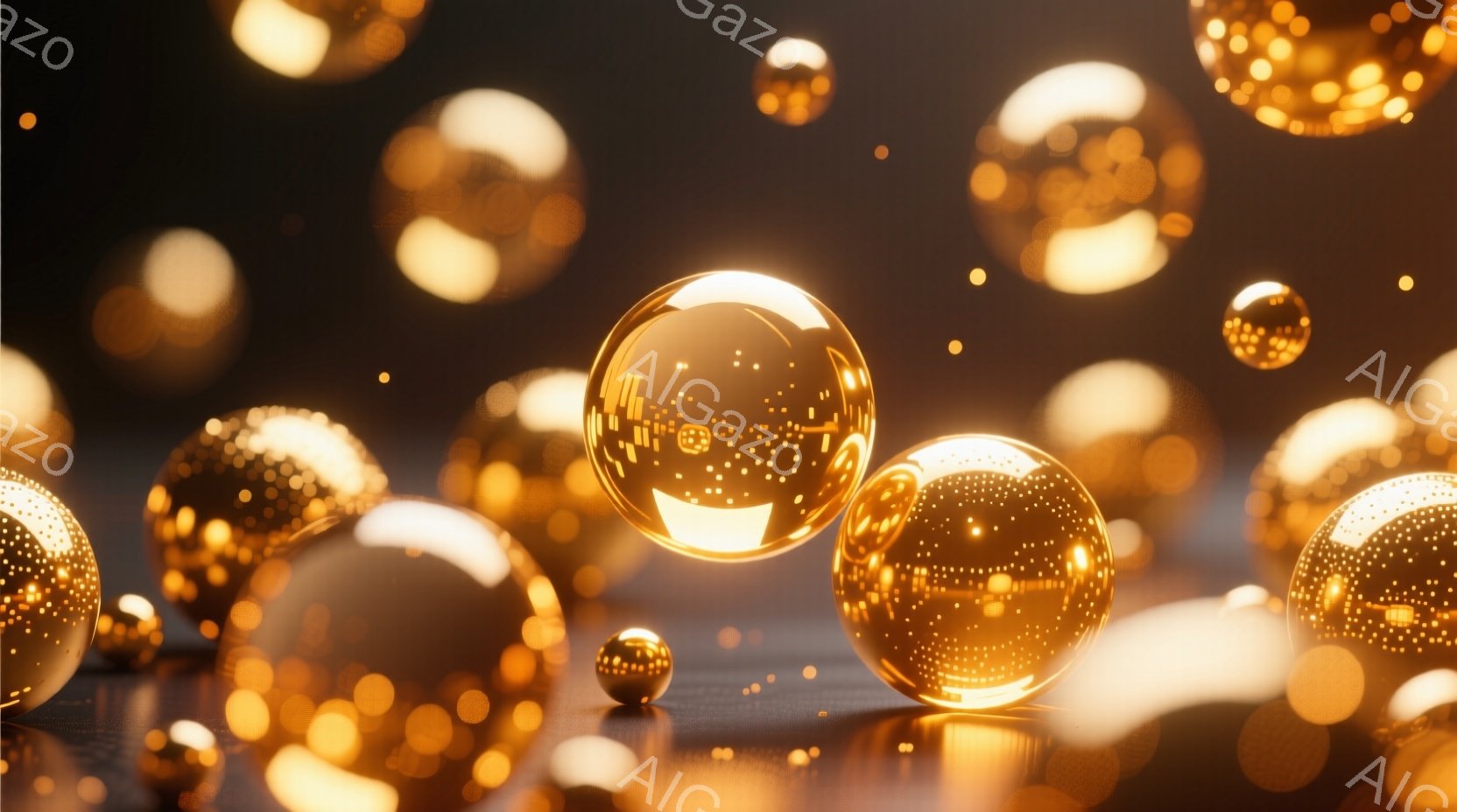 金色の球体が無数に浮かび、光を反射して幻想的な空間を創り出している。球体には、内部に星屑のような光点が散りばめられており、奥行きと輝きを増している。全体的に暖色系の光が満ちており、神秘的で美しい雰囲気を醸し出している。