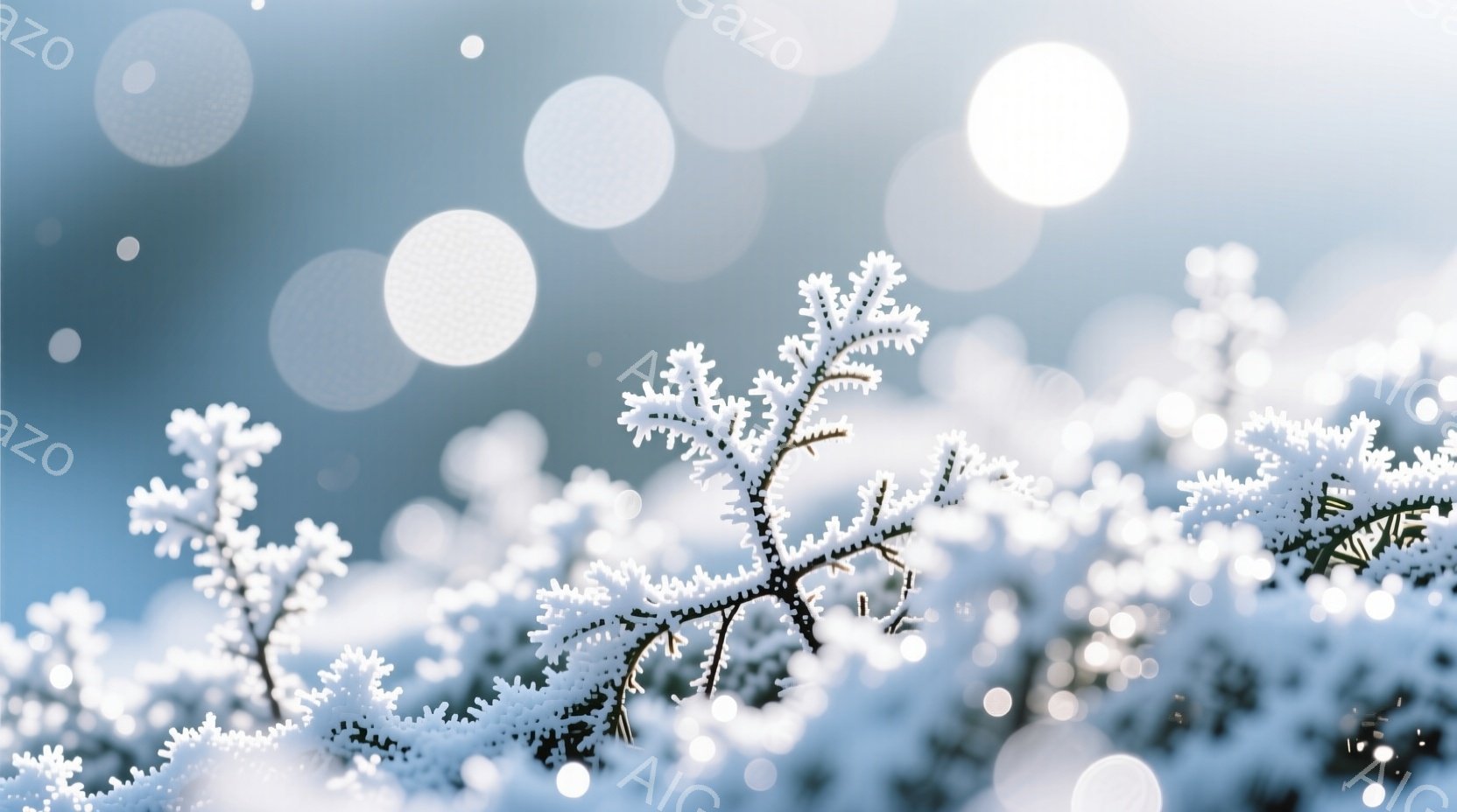 霜や雪に覆われた木の枝が画面いっぱいに広がっており、まるで冬の精霊が描かれた絵画のようだ。背景は淡い青色で、ぼんやりとした白い光の粒子が舞い散り、幻想的な雰囲気を醸し出している。全体的に冷たく静謐な冬の情景が表現されており、自然の美しさと神秘性が感じられる。