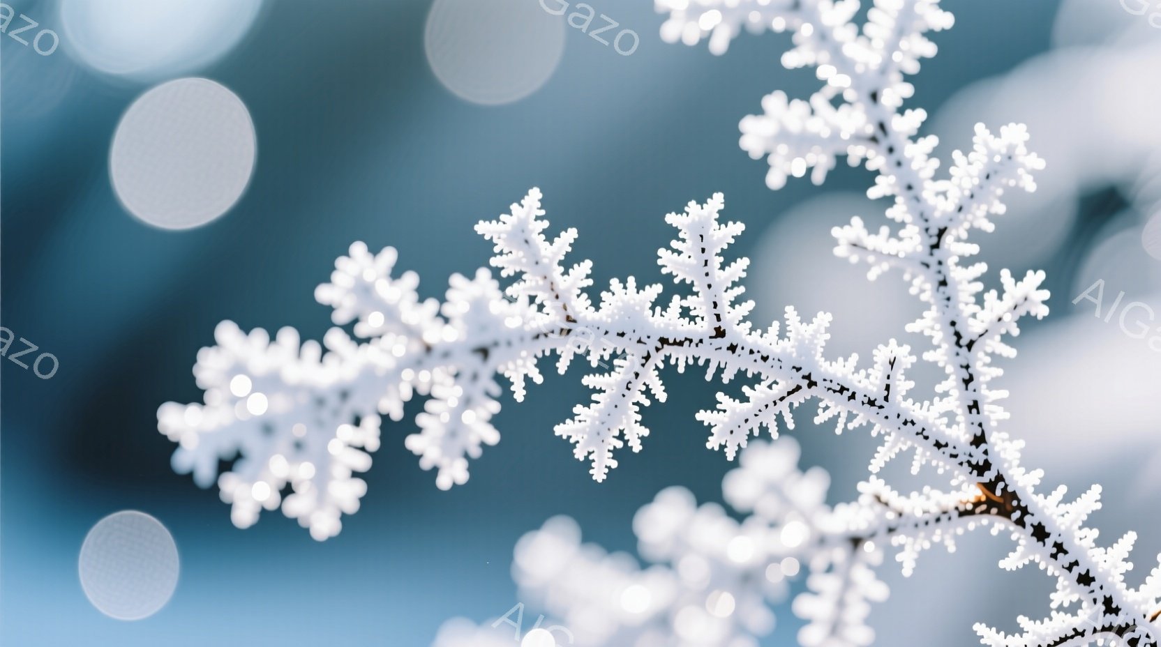 霜や雪で覆われた木の枝が、青みがかった背景の中に鮮やかに映えている。背景にはぼんやりとした光の玉が散りばめられ、冬の冷たく静謐な雰囲気を醸し出している。細部にまで凍てつくような白さが表現されており、寒さを感じさせる美しい光景である。