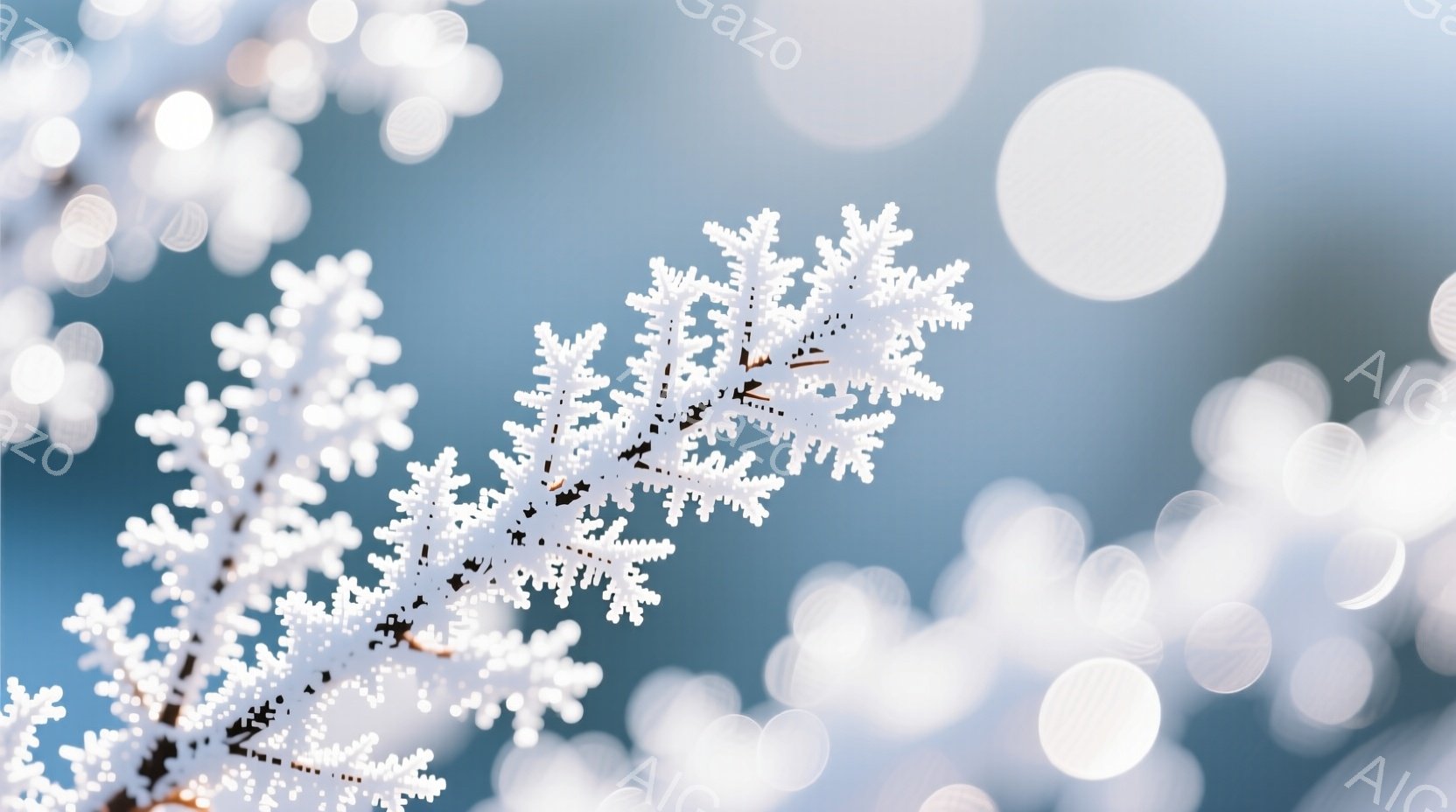 霜や雪で覆われた木の枝が画面の中心に描かれ、複雑な白い模様が際立っています。背景はぼやけた淡い青色で、小さな光の粒子が散りばめられており、冬の寒々とした静けさを表現しています。全体的に、凍てつくような冬の日の繊細で美しい風景が印象的です。