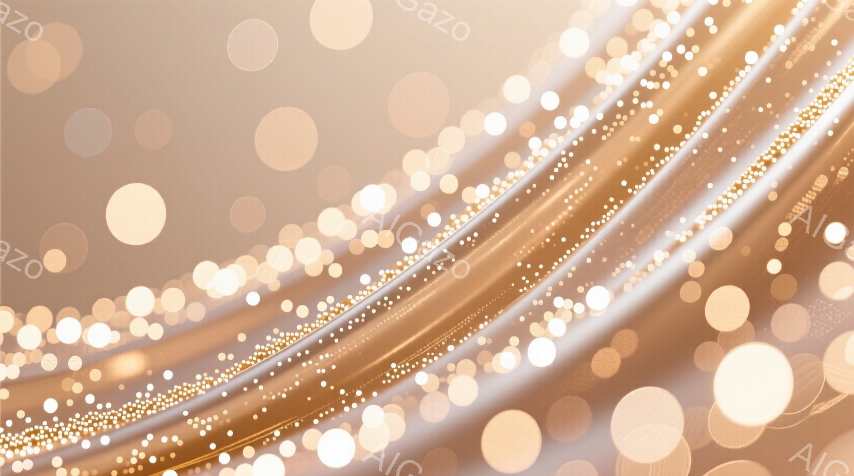 金色の帯状の光が曲線を描き、背景にはぼやけた光の粒子が散りばめられています。光は柔らかく暖かい色調で、優雅で幻想的な雰囲気を醸し出しています。背景は淡いベージュ色で、光の粒子が全体に漂い、夢のような空間を作り出しています。