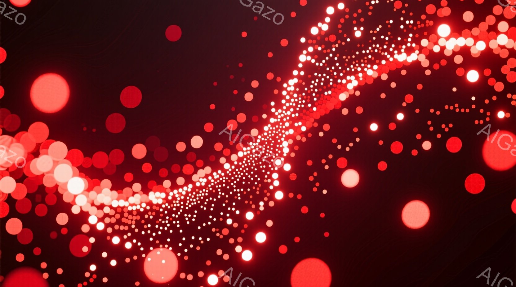 深紅色の背景に、大小さまざまな光の粒子が散りばめられています。これらの粒子は、まるで流れ星のように、画面を斜めに横切る軌跡を描いており、鮮やかで幻想的な雰囲気を醸し出しています。全体的に、動きのある抽象的な光の表現で、暖かく、かつ力強い印象を与えます。