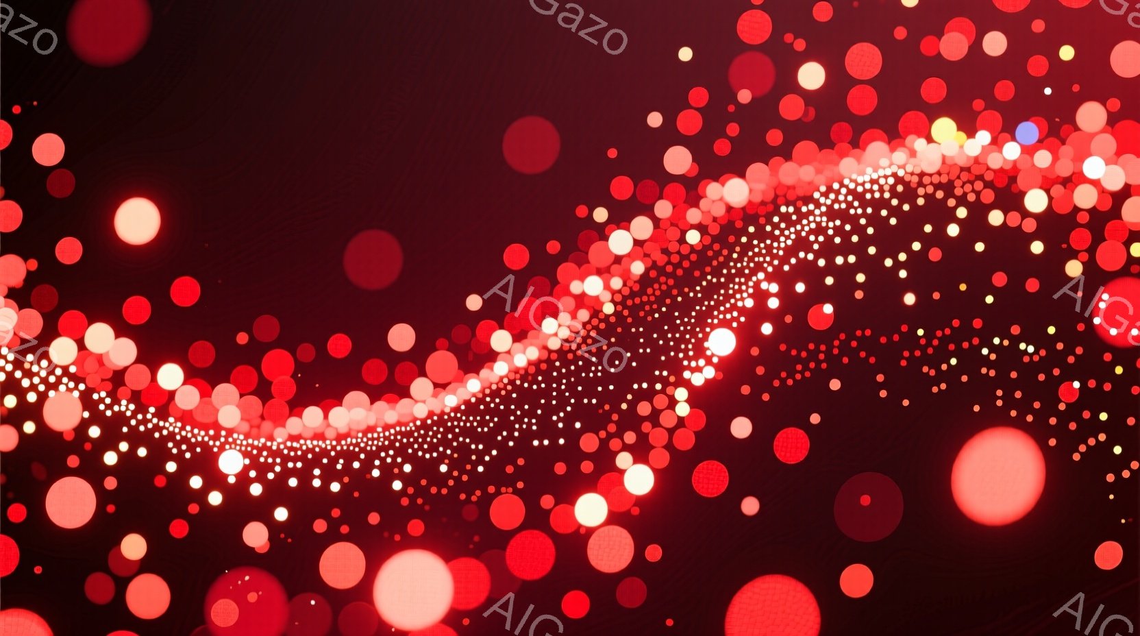 深紅色の背景に、大小さまざまな光の粒子が散りばめられています。光の粒子は、まるで流れ星のように、画面の左上から右下へと流れるように配置され、光の線が描かれています。全体的に幻想的で、どこか神秘的な雰囲気を醸し出しています。