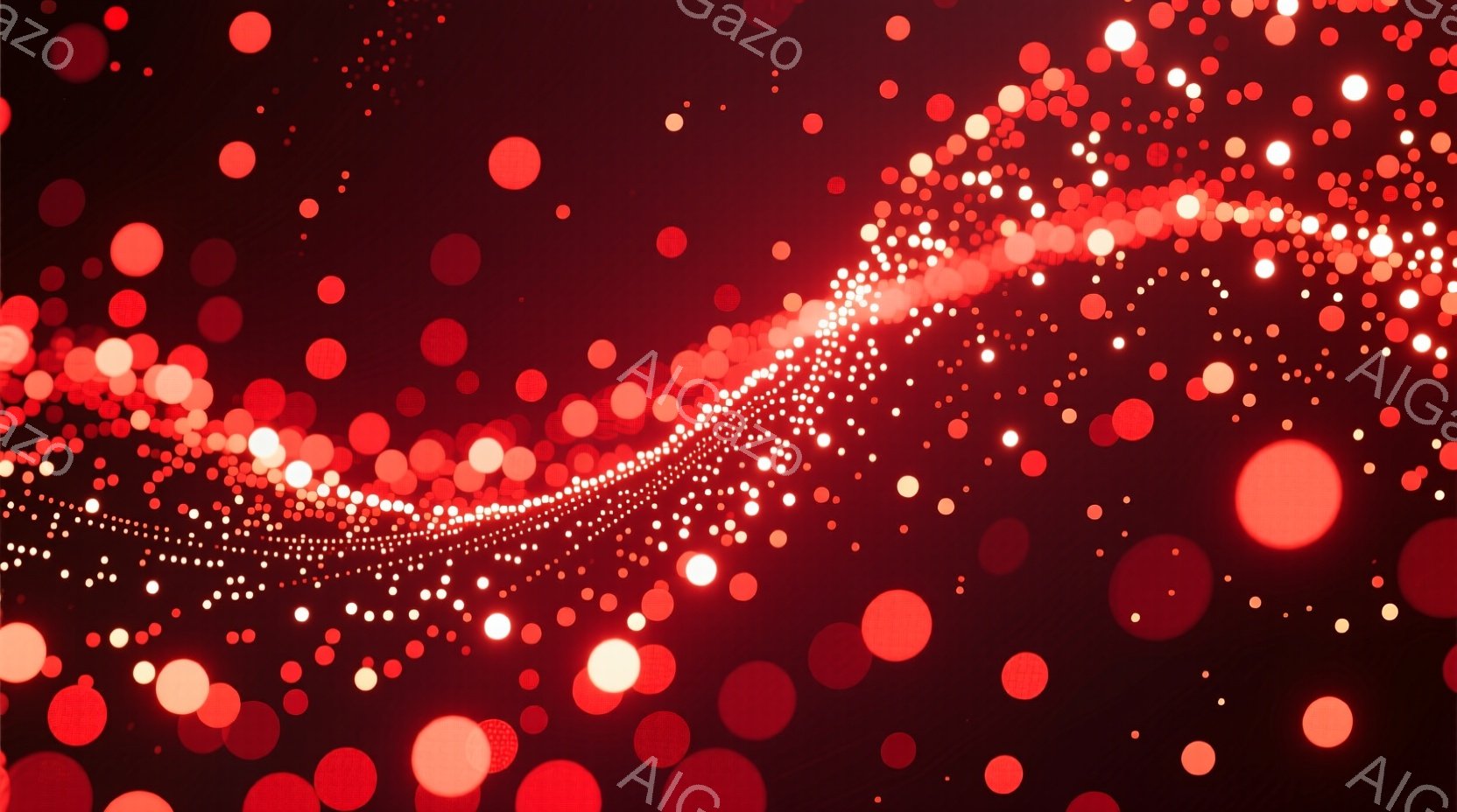 深紅色の背景に、大小さまざまな光の粒子が散りばめられています。光の粒子は、まるで流れ星のような軌跡を描きながら、画面全体に広がっています。全体的に、幻想的で神秘的な雰囲気を醸し出しています。