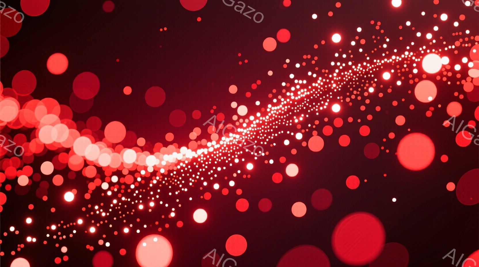 深紅色の背景に、大小さまざまな光の粒子が散りばめられています。光の粒子は、画面の左側から右側へ、尾を引くように流れるような軌跡を描いています。全体的に、幻想的で流動的な雰囲気を醸し出しています。