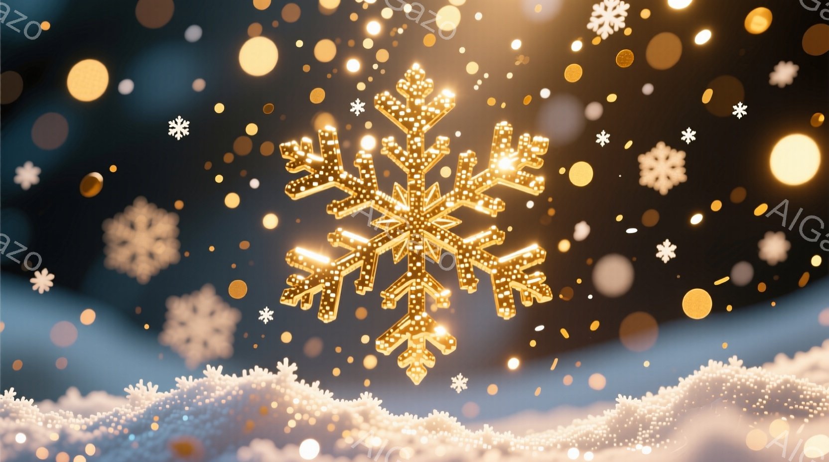 画面中央には、きらびやかな金色の雪の結晶が大きく配置されており、周囲には小さな白い雪の結晶とぼんやりとした金色の光の粒子が散りばめられています。下部には、光り輝く白い雪の地形が広がっており、背景は夜空のような深い青色で、全体的に幻想的で暖かい雰囲気を醸し出しています。この画像は、冬の祭りの装飾や、お祝いのイベントの背景として使用されるような、華やかで美しいイメージです。