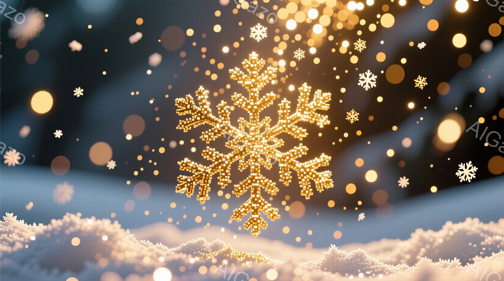 鮮やかな背景に、きらめく金の雪の結晶が中央に浮かび、周囲には小さな光の粒子が舞い散っています。下部には、白く光る雪の絨毯のようなものが広がり、幻想的な冬の風景を表現しています。全体的に暖かく、煌びやかな雰囲気が漂い、お祝いや特別な瞬間を連想させます。