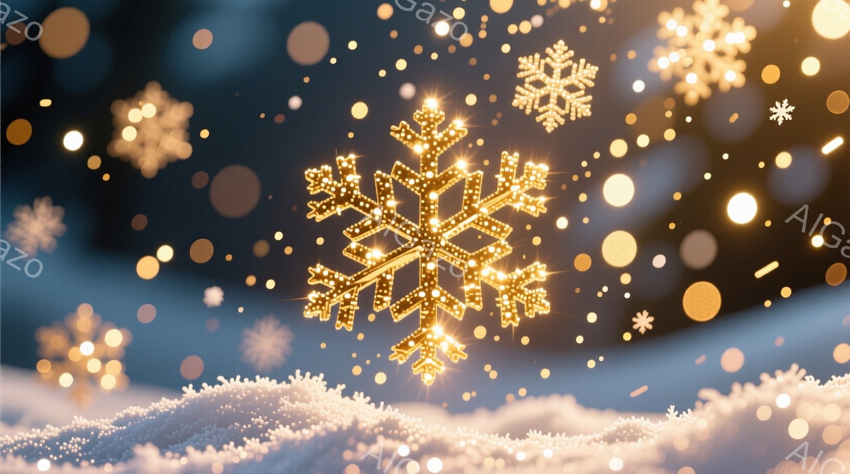 画像は、雪が降る夜空を背景に、きらめく金色の雪の結晶が複数浮かび上がっています。下部には雪で覆われた地面が描かれ、ぼやけた光の粒子が全体に散りばめられ、幻想的な雰囲気を醸し出しています。暖色系の光が雪の結晶を照らし、冬の夜の温かさと美しさを表現しています。