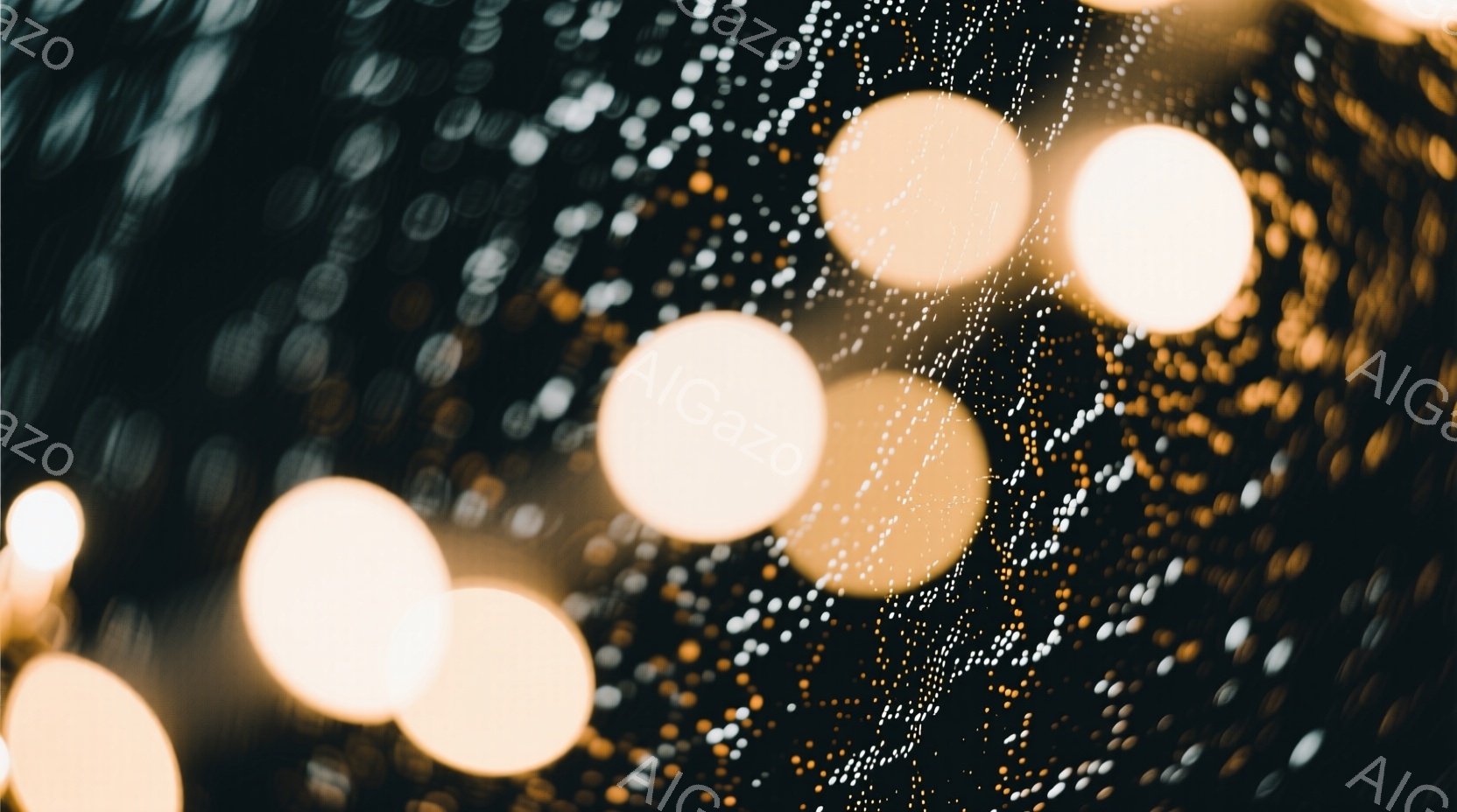 この画像は、ぼやけた光の球が背景に散りばめられた抽象的な表現です。まるで雨粒が光を反射しているかのような印象で、暗い背景とのコントラストが強いです。全体的に幻想的で、夢のような雰囲気を醸し出しています。