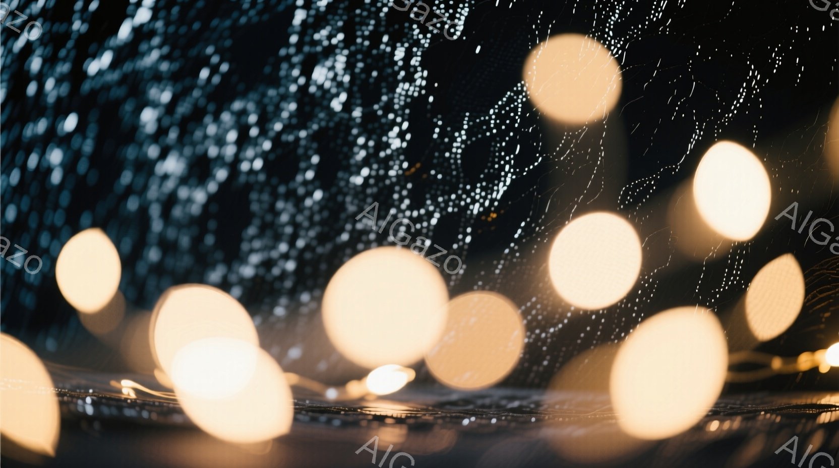 夜間の風景写真で、焦点の合っていない光のぼやけが多数写っている。雨が降っているようで、光が水滴に反射してキラキラと輝き、幻想的な雰囲気を醸し出している。暗い背景とぼやけた光が、まるで夢の中のような、あるいは雨上がりの夜の街の印象を与える。