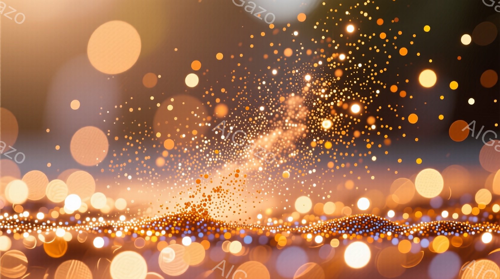 暖色系の光の粒子が広範囲に散りばめられた抽象的なイメージです。下部には、光の帯のようなものが地平線のように横たわっており、その上空にはより多くの光粒子が集中して漂っています。全体的に暖かく幻想的な雰囲気で、きらめく光の輝きが印象的です。