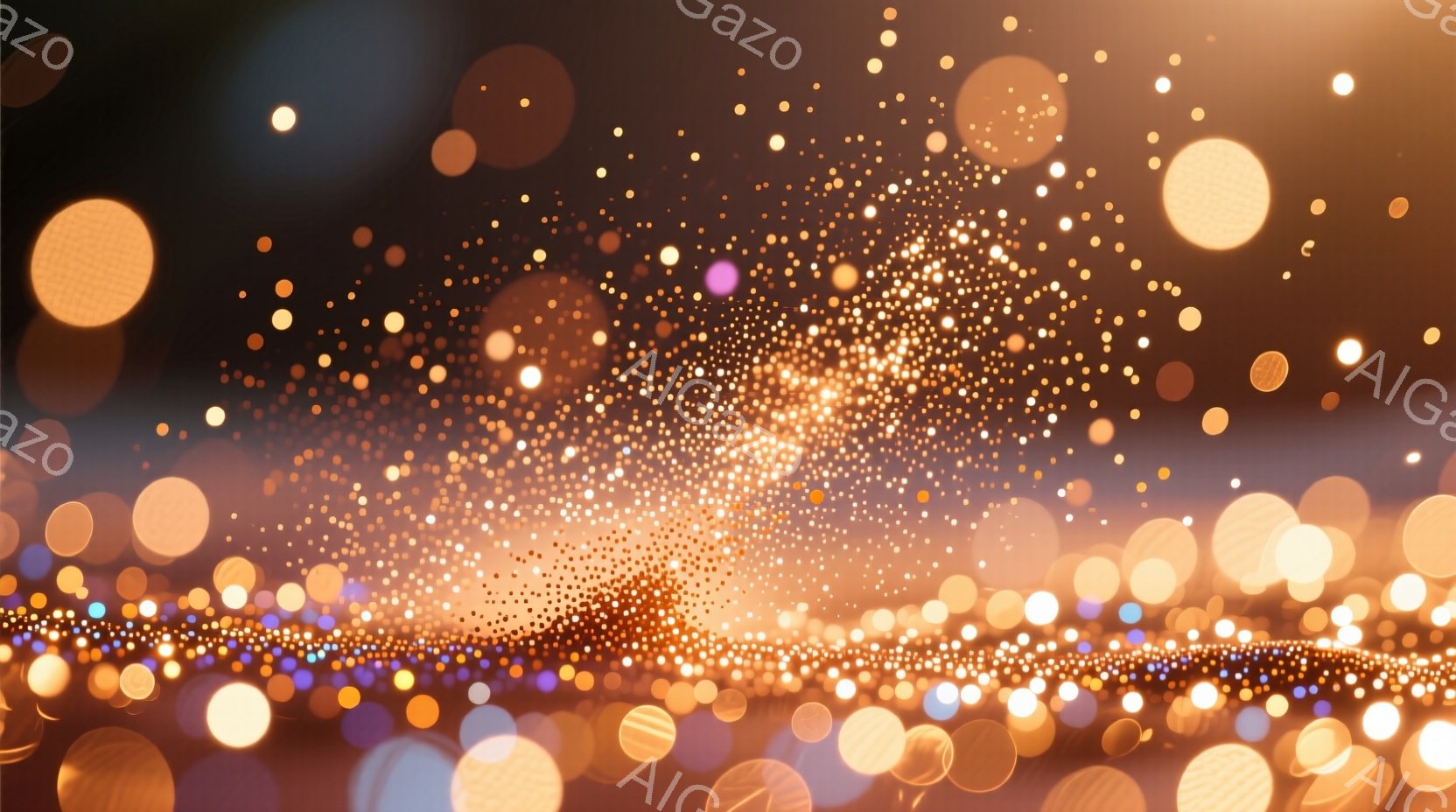 ぼんやりとした光の粒子が画面全体に散りばめられ、まるで夜空の星々やきらめく花火のようです。暖色系の光が中心部に集まり、明るく幻想的な雰囲気を醸し出しています。背景は暗く、光の粒子がより一層際立ち、奥行きを感じさせます。
