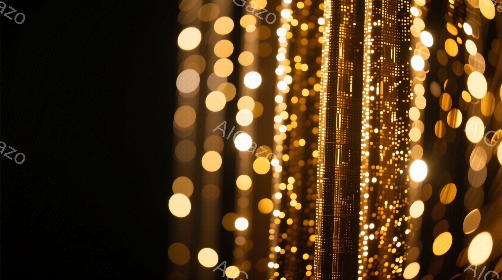 ぼやけた黄金色の光の筋が、暗い背景の中に垂直に流れている様子が捉えられている。光の筋は点描画のように細かく、暖かく幻想的な雰囲気を醸し出している。ぼかし効果により、光の源は特定できず、全体として抽象的で美しい印象を与える。