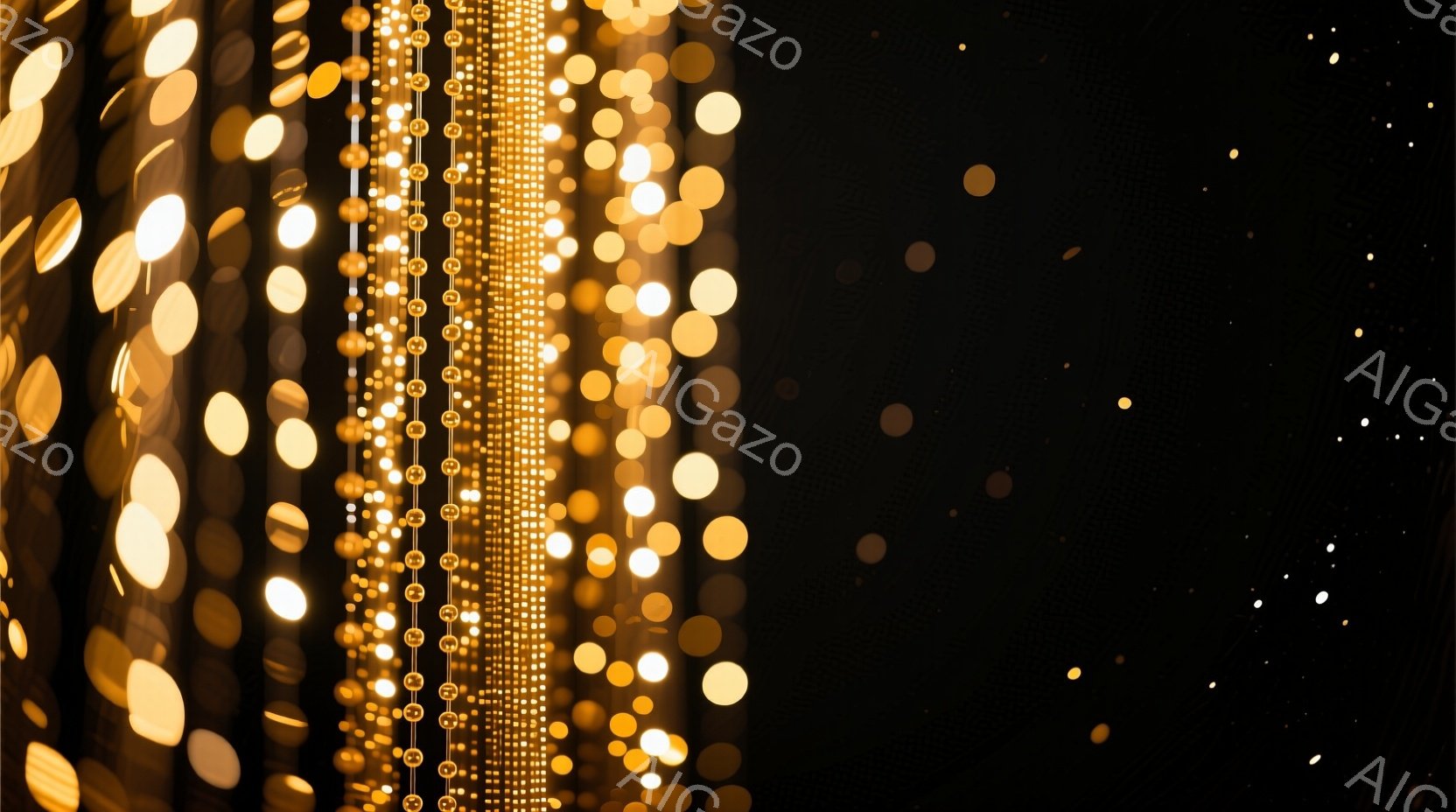 この画像は、暗闇の中にぼんやりとした金色の光の帯が縦に並び、まるで光のカーテンのように見える抽象的な表現です。光は丸みを帯びたぼかしで表現され、暖かく幻想的な雰囲気を醸し出しています。背景は完全に黒で、光のコントラストを強調し、神秘的な印象を与えます。