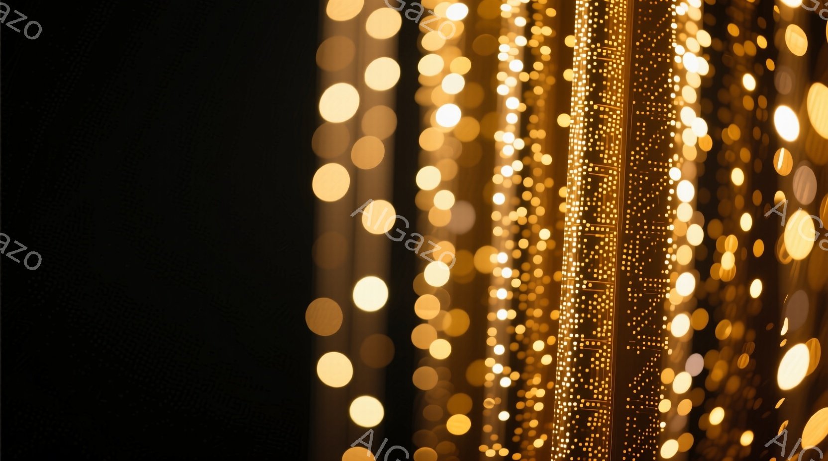 暗闇の中に、無数のぼやけた黄金色の光が縦に並んで輝いている。光は丸い形のものや、細長い線状のものなど、様々な形をしており、まるで光のカーテンのようだ。全体的に幻想的で夢のような雰囲気が漂っている。 - AI生成フリー素材