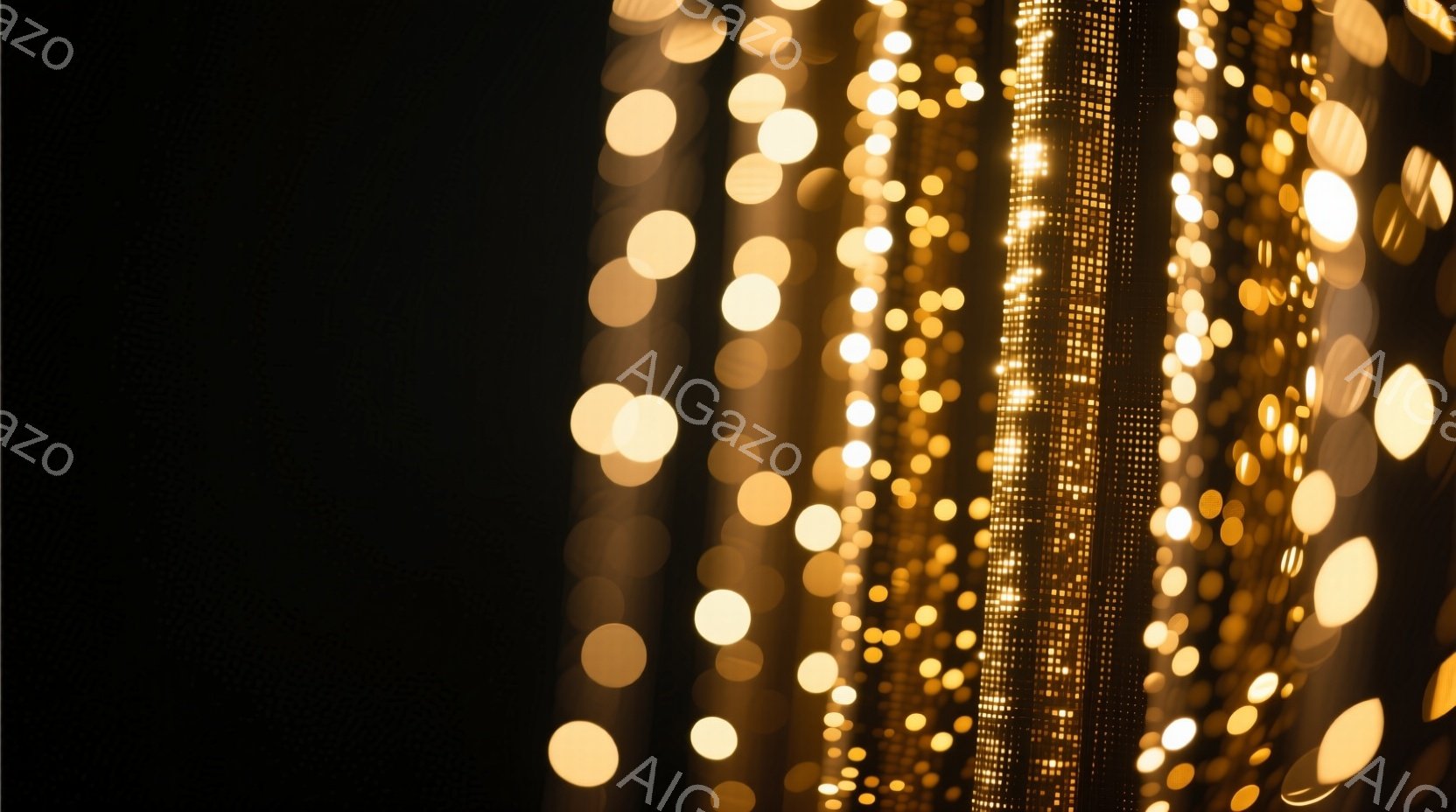 画像は暗闇の中にぼやけた黄金色の光の線が縦に並び、幻想的な雰囲気を醸し出しています。光の線は丸いぼかしや細かい粒状の光で構成され、まるで星空や光の滝のようです。全体的に、暖かく、夢のような、そして少し神秘的な印象を与えます。