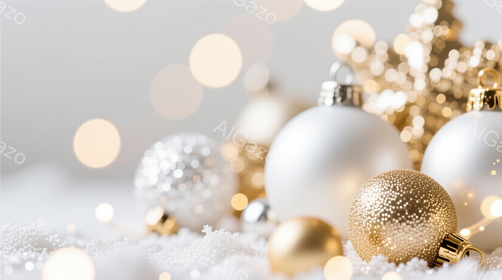 白と金色のクリスマスオーナメントが、白い粒状の表面の上に散りばめられています。背景にはぼんやりとした光のぼかしがあり、暖かく、お祝いの雰囲気を醸し出しています。全体的に、クリスマスや冬の祝祭の温かく光り輝くシーンを表しています。