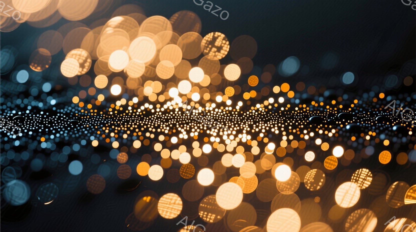 画像全体は、ぼやけた光の球体が無数に広がる様子が描かれています。オレンジ色と黄色の光が中心に集まり、まるで夜空の星のように輝き、光の粒は背景全体に広がって幻想的な雰囲気を醸し出しています。鮮明な人物や具体的な背景は確認できませんが、光の玉が織りなす抽象的な表現が印象的です。