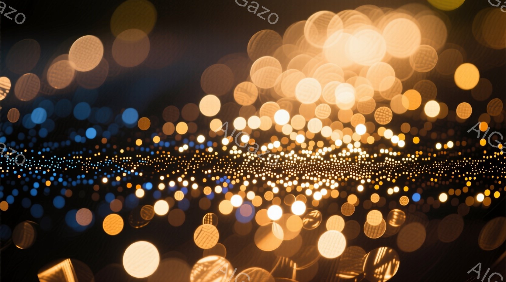 この画像は、ぼやけた光の玉が多数集まった抽象的な光景を描いています。暖色系のオレンジや黄色が中心で、ところどころに青い光も混ざり、幻想的で暖かい雰囲気を醸し出しています。焦点が定まっていないため、具体的な被写体は不明ですが、まるで星空や光のトンネルのような印象を与えます。