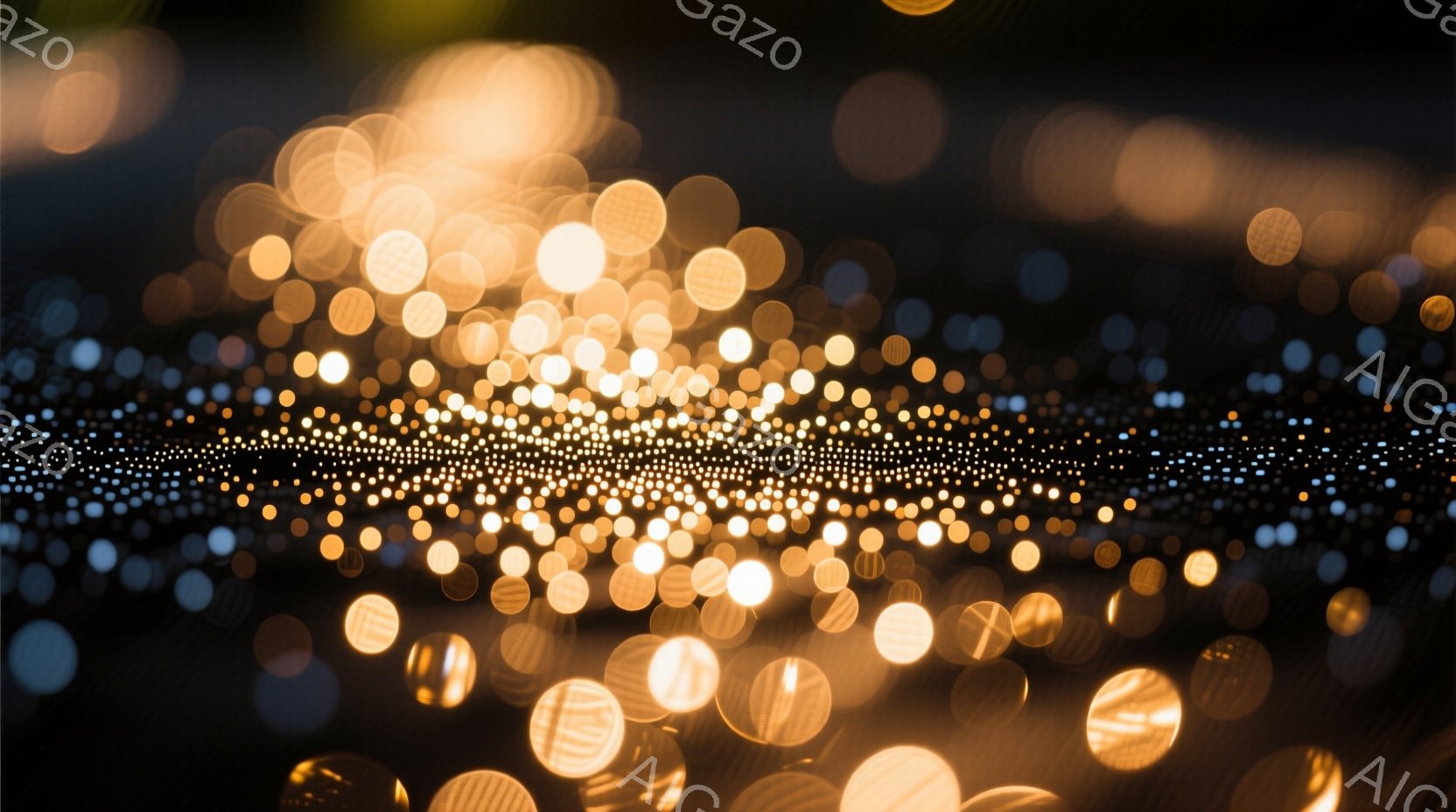 画像は、ぼやけた金色の光点と微細な光の粒が密集し、暗闇の中に散りばめられた抽象的な光景を描写している。光点は様々な大きさで、まるで星空や夜の街の光のように見え、ぼやけた輪郭が夢幻的な雰囲気を醸し出して - AI生成フリー素材