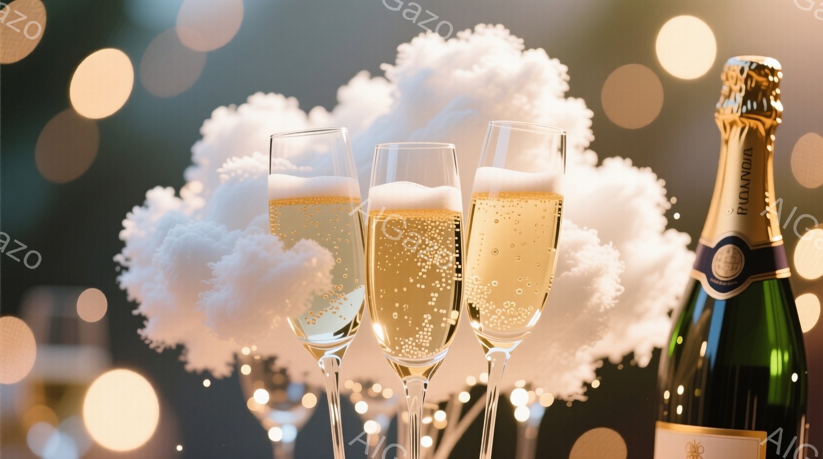 シャンパンフルートが二つ、泡が立ち上る様子が捉えられています。背景には白い花々と、ぼんやりとした光のぼかしがあり、シャンパンボトルが隣に置かれています。全体的に華やかで、お祝いの雰囲気を醸し出しています。