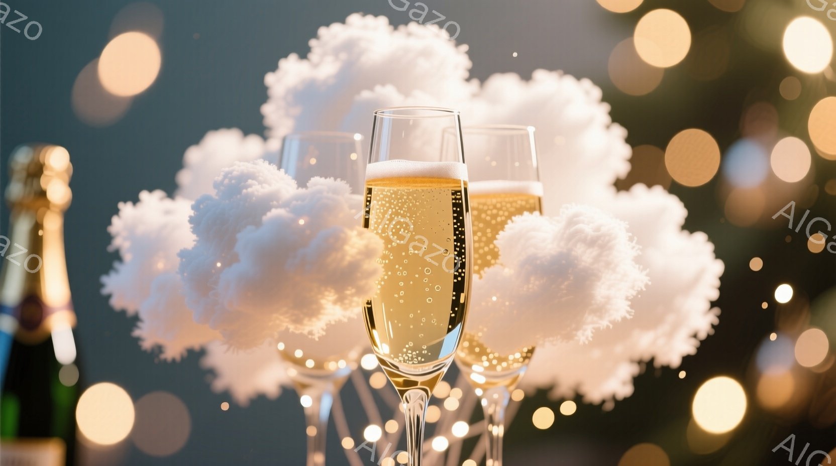 2つのシャンパングラスが前景にあり、泡が立ち上っている様子が捉えられています。背景にはぼやけたクリスマスツリーの飾りと、温かみのあるゴールドの光が散りばめられており、お祝いの雰囲気を醸し出しています。全体的に華やかで、新年や特別なイベントを祝うシーンを想像させます。