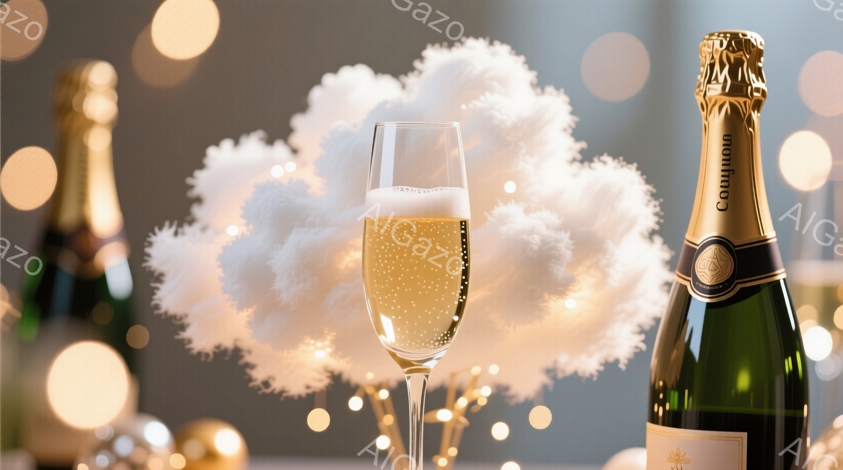 シャンパンボトルとグラスが写っており、グラスには泡立つシャンパンが満たされています。背景にはぼやけた暖かい色のライトが点在し、華やかで祝祭的な雰囲気を醸し出しています。ボトルは緑色でラベルが貼られており、高級感と洗練された印象を与えます。