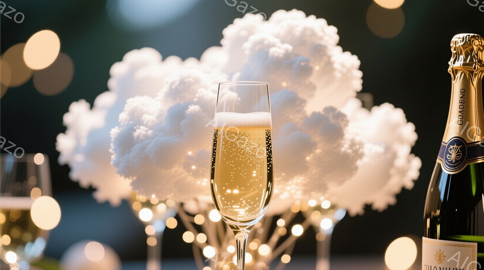 シャンパンがグラスに注がれており、きめ細かい泡が立ち上っている様子が捉えられている。背景にはぼやけた光のぼかしと、白く輝く装飾的な枝が広がり、華やかで優雅な雰囲気を醸し出している。シャンパンボトルはグ - AI生成フリー素材