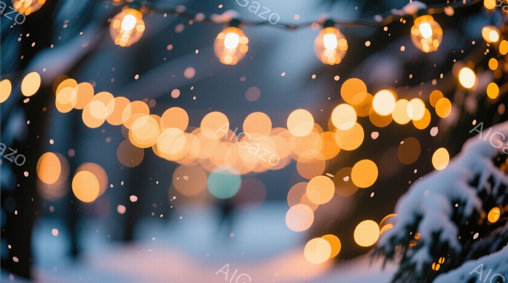 ぼんやりとした暖色の電球が、雪に覆われた木の枝の間を横切る様子が捉えられています。背景はぼやけており、雪が舞う冬の夜景であることがわかります。全体的に、暖かく幻想的な雰囲気で、穏やかでロマンチックな感情を呼び起こします。