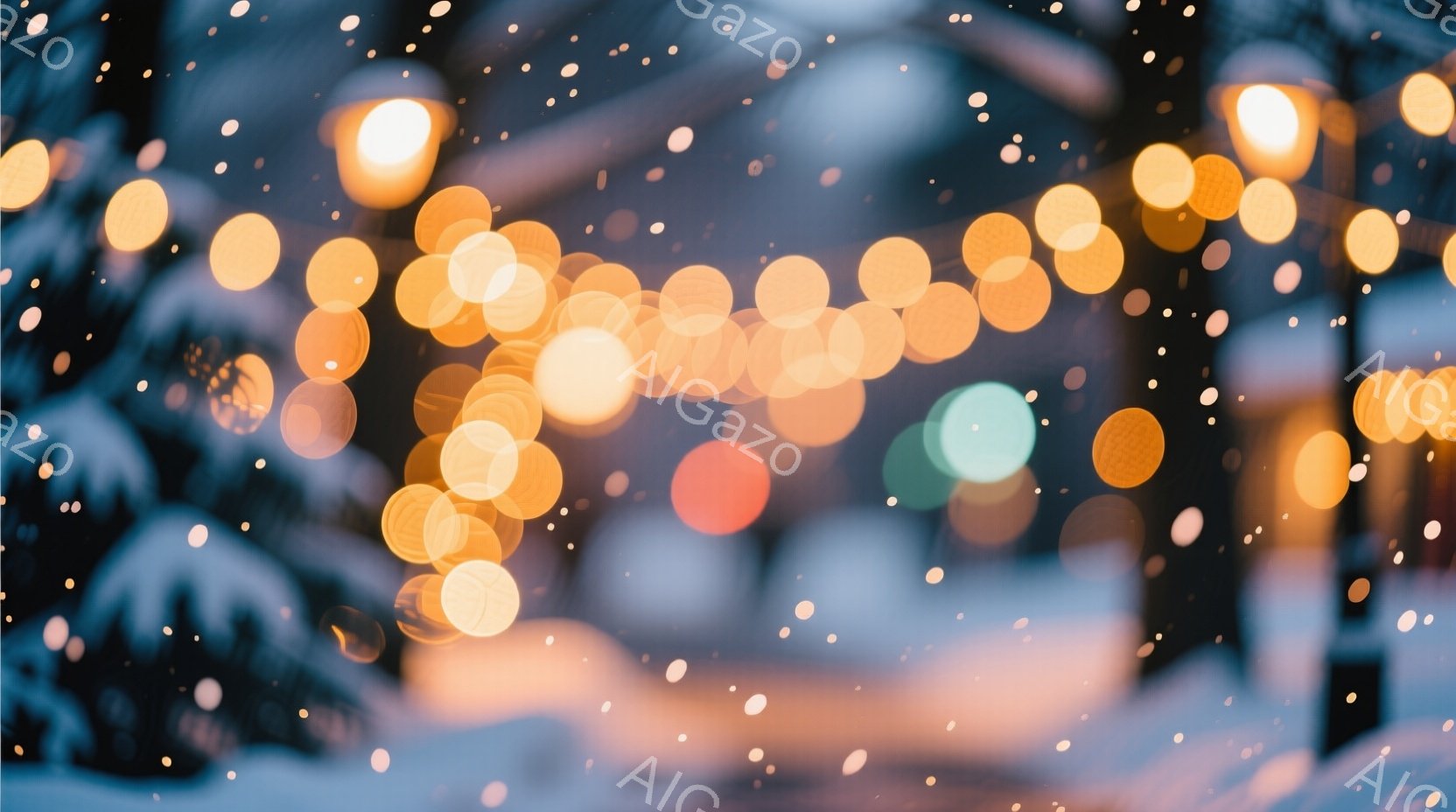 雪が舞う夜の風景で、ぼやけた光の帯が画面を横切っている。背景には雪で覆われた木々と、ぼんやりと見える建物が確認でき、冬の静かで幻想的な雰囲気が漂っている。光の帯は暖かく、雪の冷たさと対比をなしている。