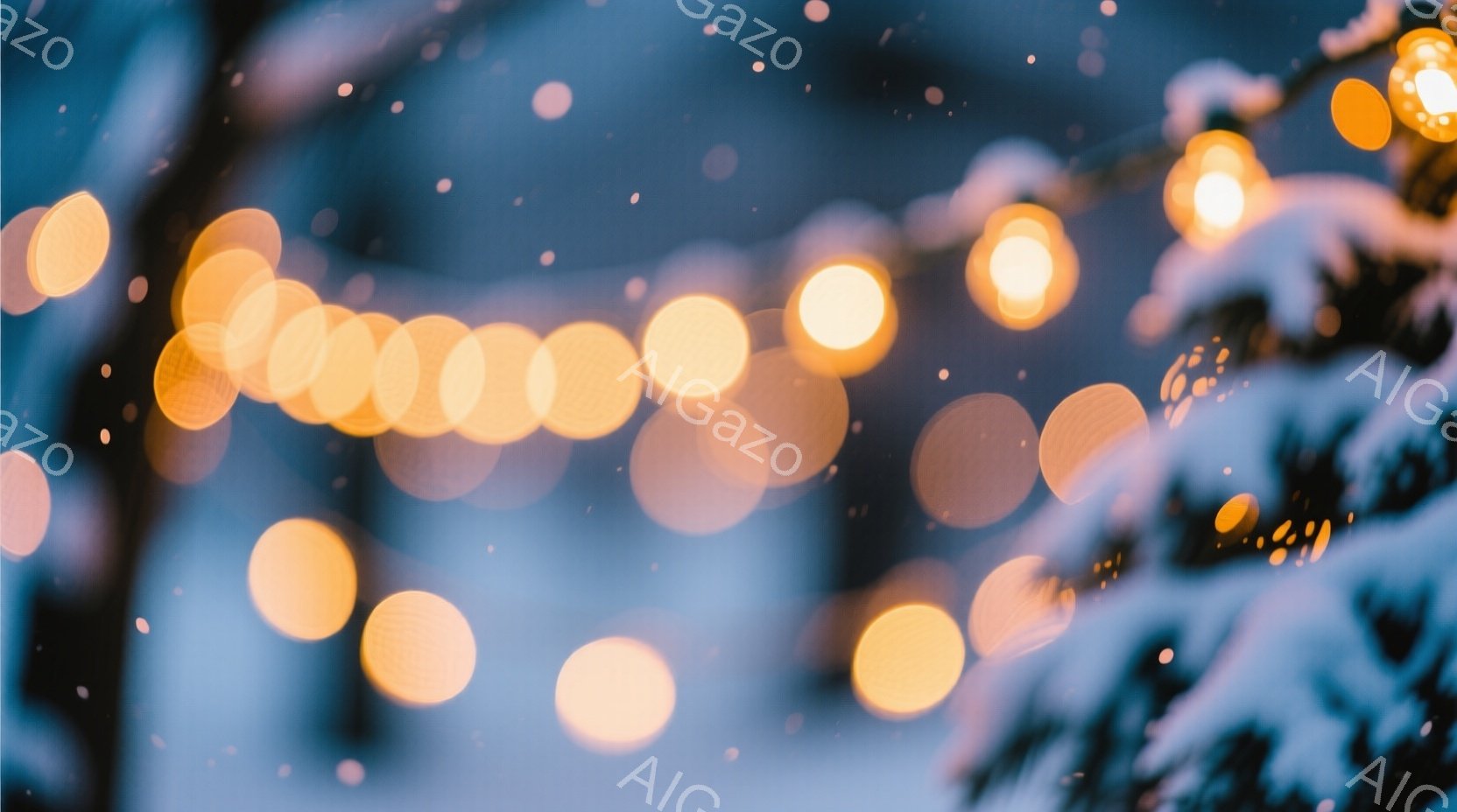 ぼやけた光のぼんやりとした輪郭が、冬の暗い背景の中に浮かび上がっている。まるで雪片のような小さな光点が、凍てつく夜空に散らばっているようだ。全体的に、幻想的で静謐な雰囲気を醸し出しており、冬の夜の温かさを感じさせる。