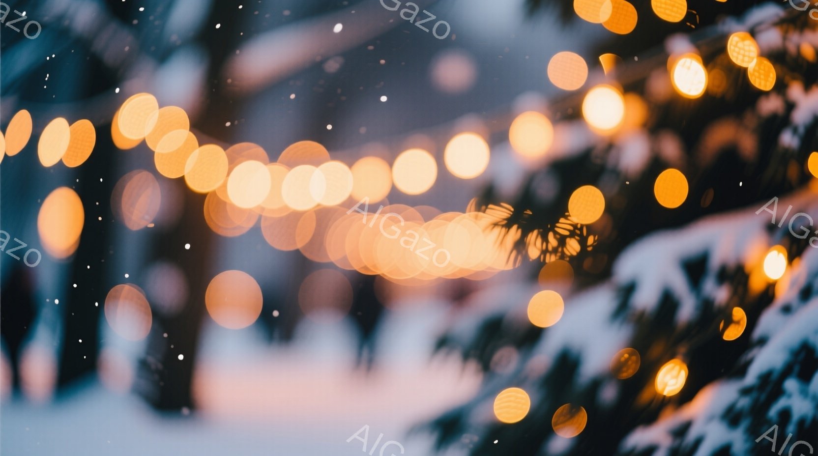 ぼやけた背景にオレンジ色のイルミネーションが輝き、冬の夜の温かい雰囲気を醸し出しています。雪に覆われた木々がシルエットとなり、遠くには人影が見え、静寂の中に温かい光が差し込む様子が表現されています。全体的に幻想的で、クリスマスの温かい光景を思わせる穏やかなシーンです。