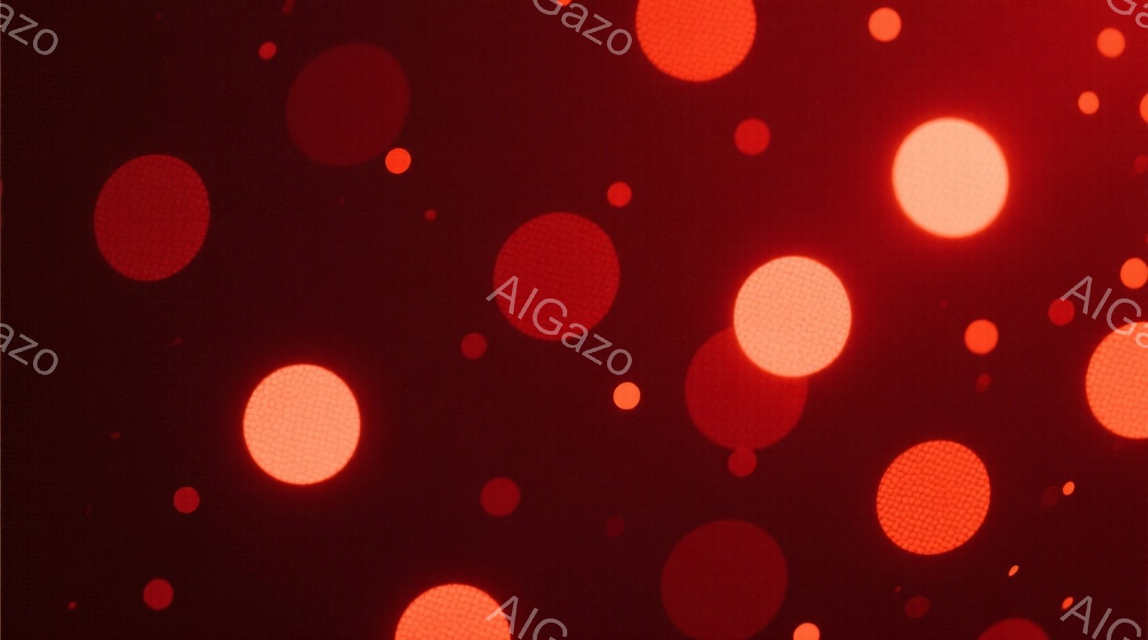 鮮やかな赤色の背景に、様々な大きさの円形の光が散りばめられています。光は明るく、まるで星のように輝き、背景とのコントラストが印象的です。全体的に暖かく、夢幻的な雰囲気を醸し出しています。