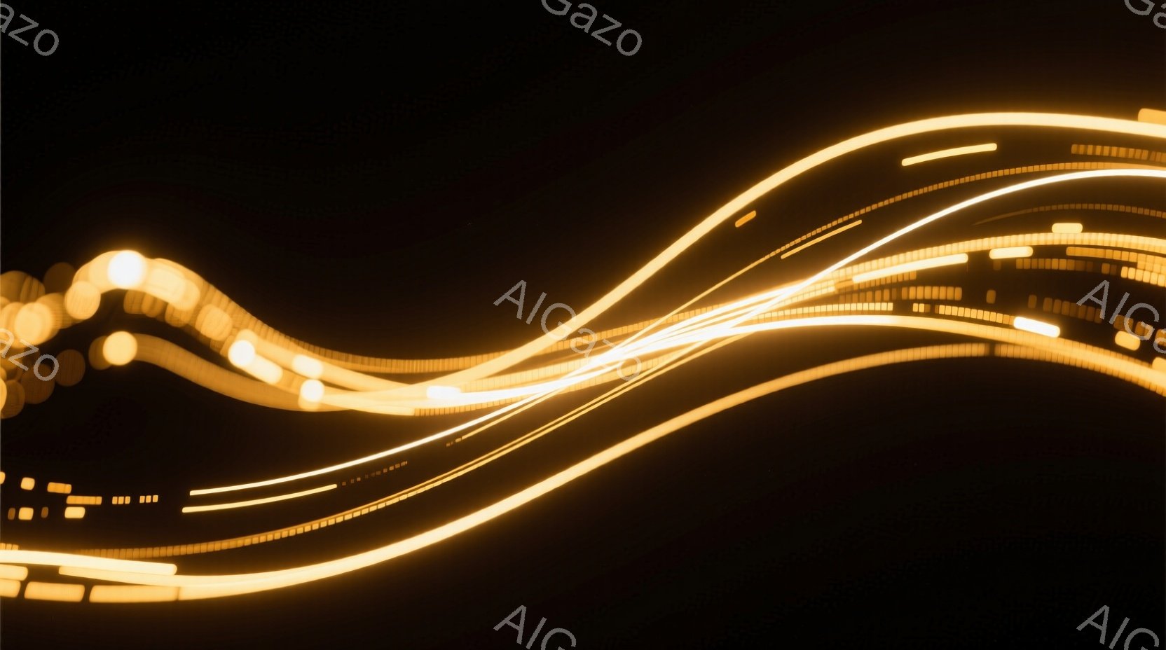 暗闇の中に、光の線が曲線を描きながら流れています。これらの光の線は、まるで夜空を舞う星屑の軌跡のようで、動きとエネルギーを感じさせます。全体的に幻想的で、流動的な雰囲気が特徴的です。