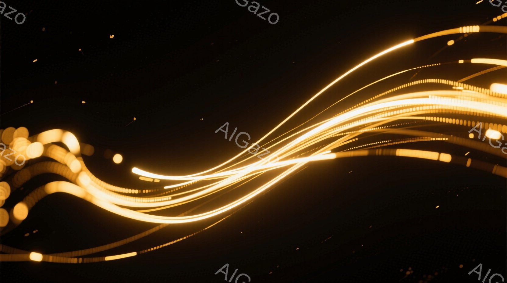 暗い背景に、複数の光の筋が流れるように描かれている。光の筋は金色で、まるで光るリボンや線のような印象を与え、動的なエネルギーを感じさせる。背景は完全に黒く、光の筋が際立って見えることで、神秘的で未来的な雰囲気が生まれている。