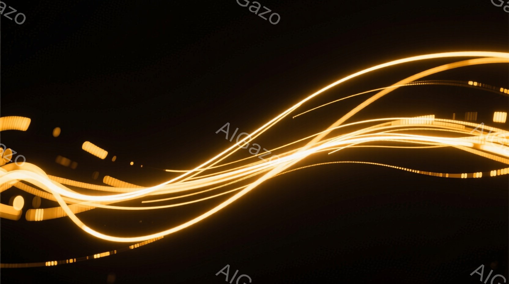 暗い背景に、光の帯が曲線的に広がっている様子が捉えられています。光の帯は金黄色をしており、まるで夜空を走る光跡のようです。背景は完全に黒く、光のコントラストが際立っており、ダイナミックで幻想的な雰囲気を醸し出しています。