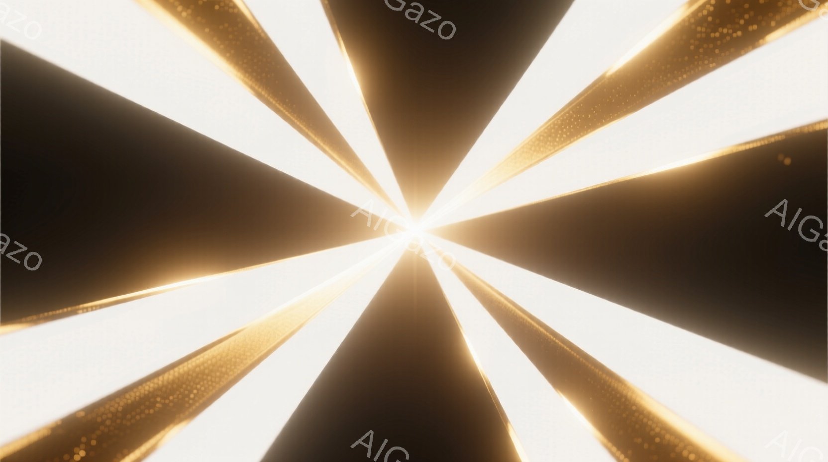 漆黒の背景から放射状に広がる白と金の光線が印象的な画像です。光線は中心点から均等に広がり、まるでエネルギーが爆発しているかのようなダイナミックな印象を与えます。金色の微粒子が光線の中に散りばめられており、幻想的で神聖な雰囲気を醸し出しています。