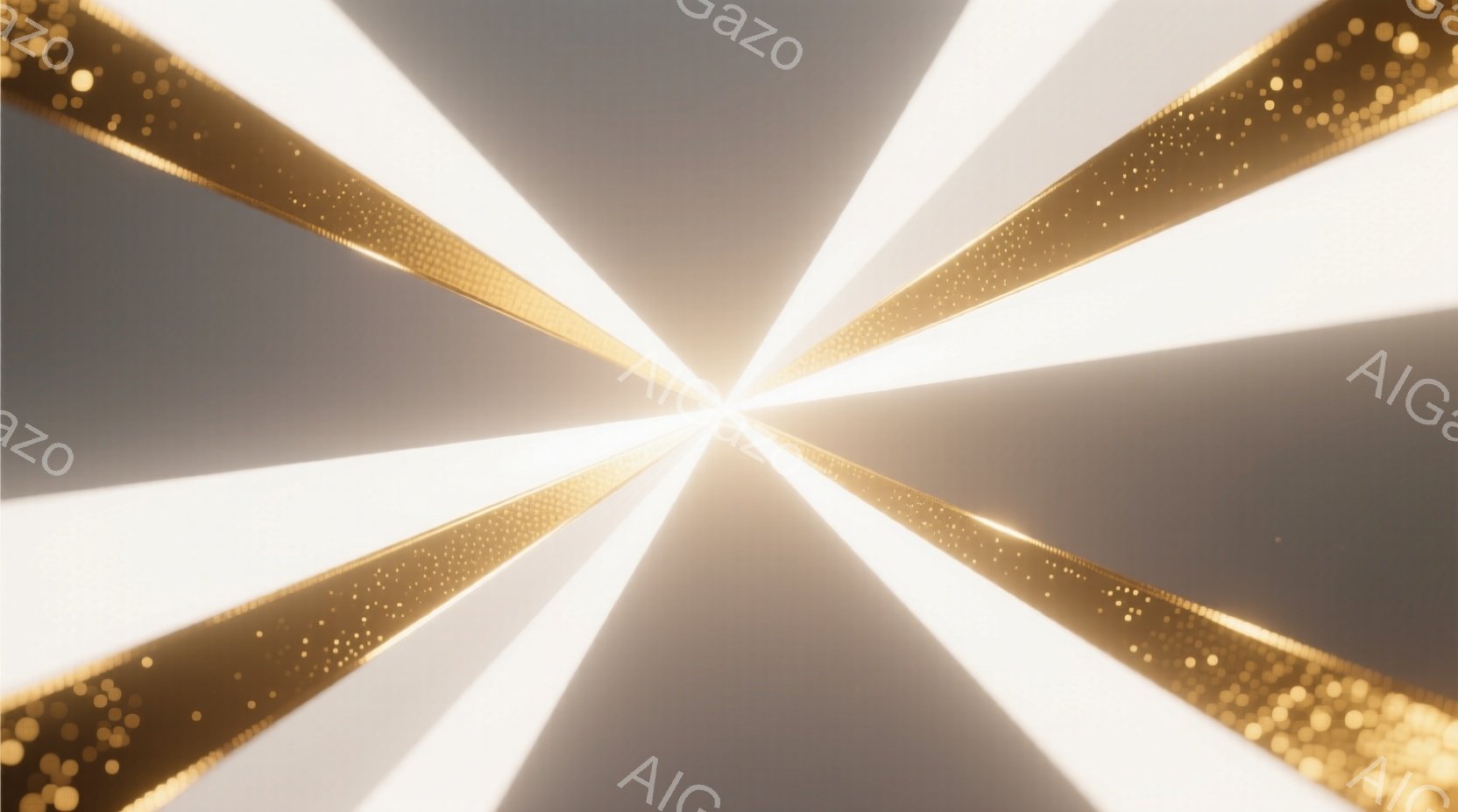 この画像は、中心から放射状に広がる光の線と金色の輝きで構成されています。光線は白く、背景は落ち着いたグレーで、まるでスポットライトが当たっているような印象を与えます。金色の粒子が光線に沿って散りばめられており、華やかさと奥行きを演出しています。