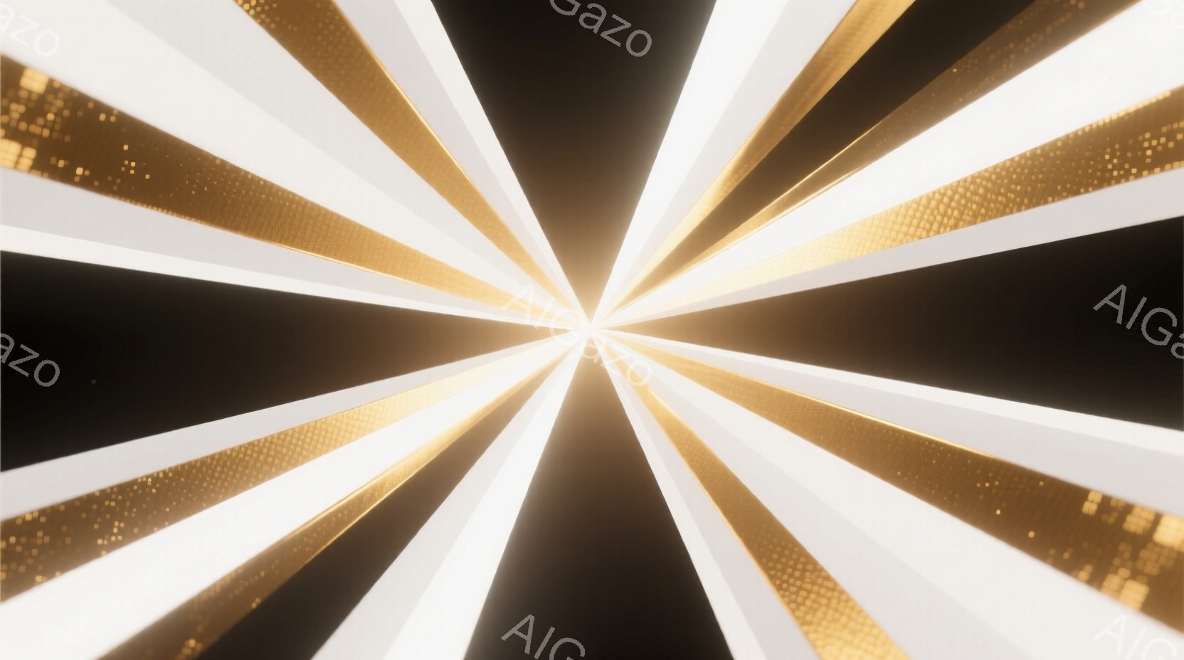 この画像は、暗い背景から放射状に広がる光線で構成されています。光線は白と金色のグラデーションで、金色の微粒子が散りばめられており、華やかで神秘的な雰囲気を醸し出しています。背景は完全に黒色で、光線が際 - AI生成フリー素材