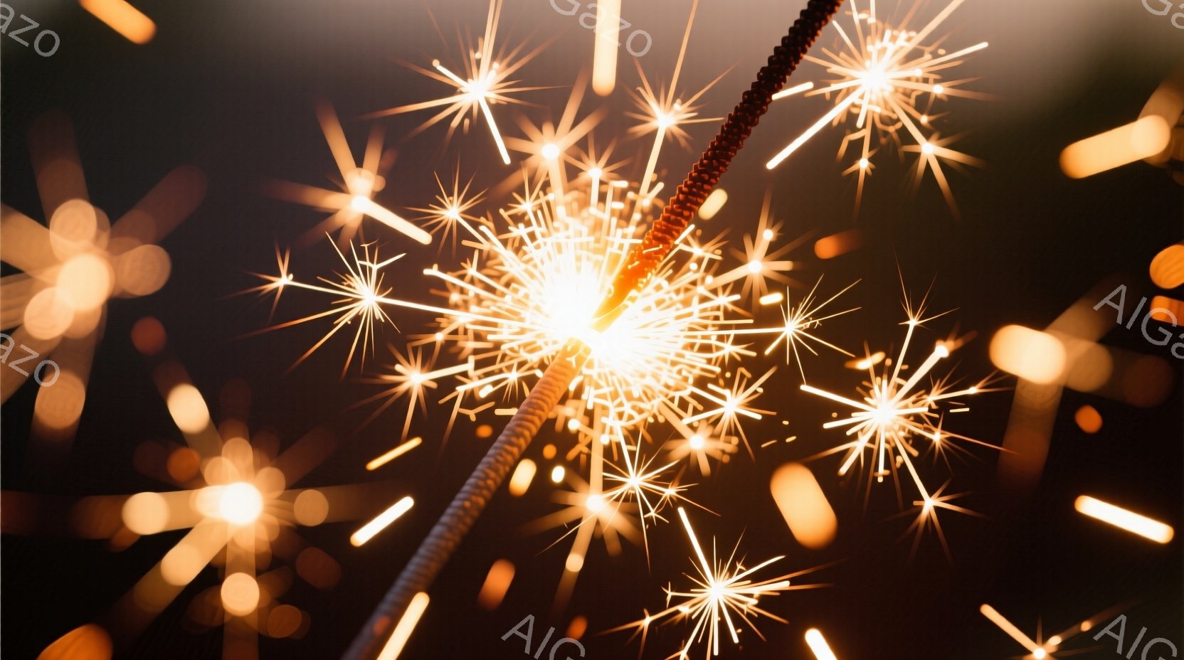 暗い背景に、燃え盛る花火が鮮やかに輝いている。花火は細い棒状のものから放射状に広がっており、光の粒子が空中に散らばっているように見える。全体的に、明るく華やかで、お祝いや祭りの雰囲気を醸し出している。