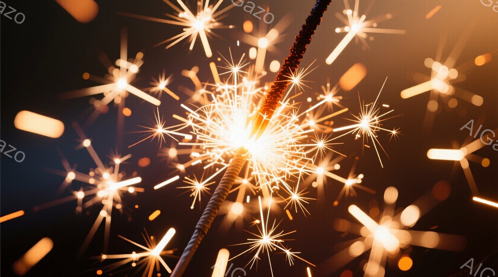 漆黒の背景に、燃え盛る花火のような光の筋が星のように広がっている。光は鮮やかなオレンジ色と黄色を帯びており、まるで夜空を彩る光景を彷彿とさせる。ぼやけた光の軌跡が動きを表現し、躍動感と幻想的な雰囲気を醸し出している。