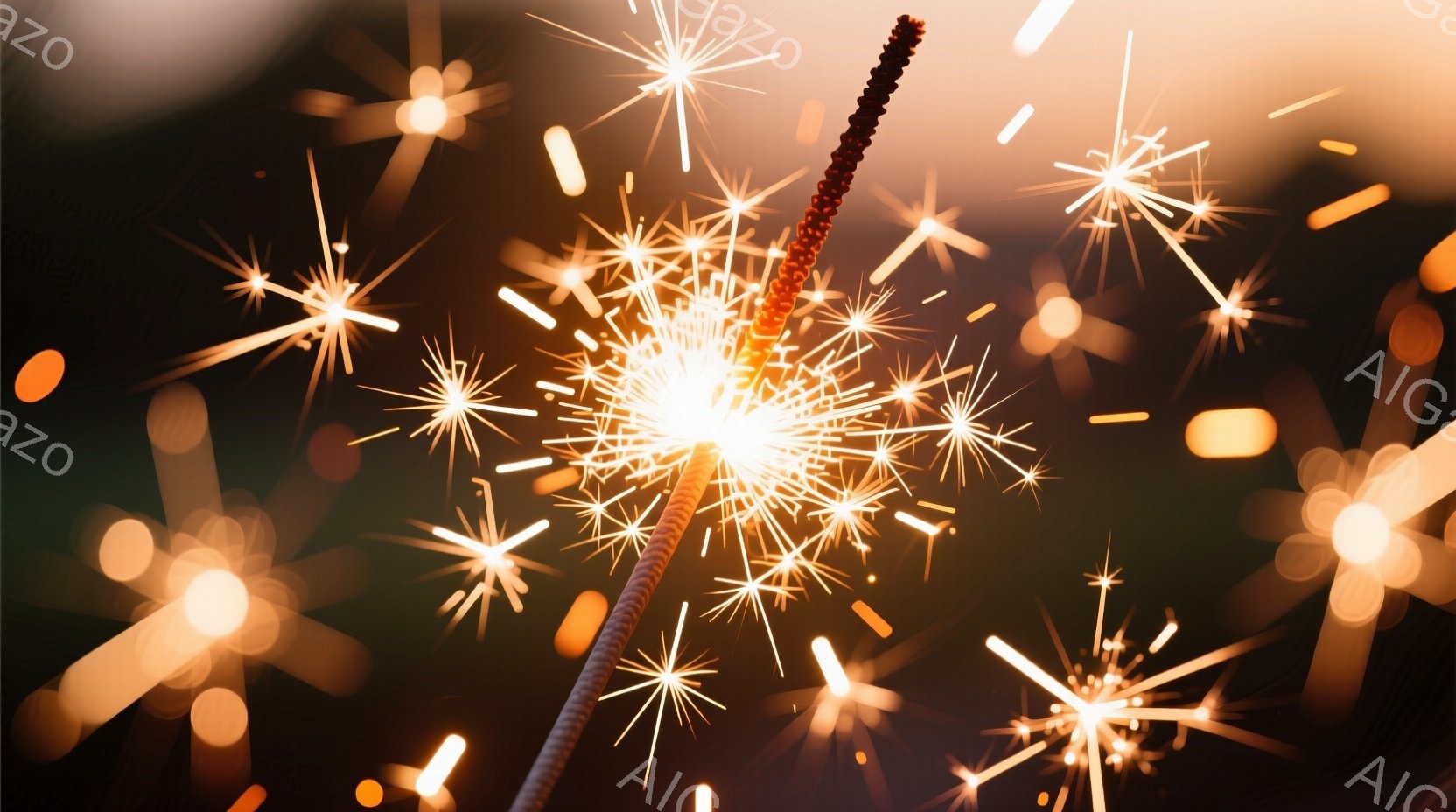 夜空を背景に、燃え盛る線香花火が印象的な写真です。花火は鮮やかな光を放ち、その周囲には無数の小さな光の粒子が散らばり、幻想的な雰囲気を醸し出しています。全体的に暖色系の色調で、お祝いや特別なイベントを連想させる、煌びやかで美しい瞬間が捉えられています。