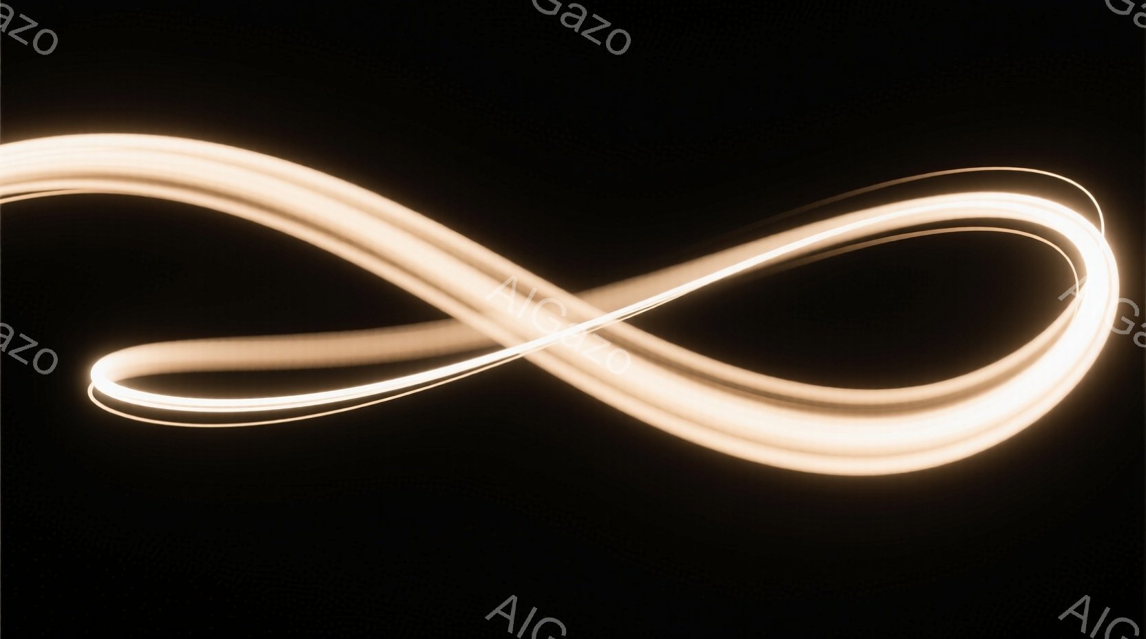 暗い背景に、淡い光の帯が無限大の記号を描くように流れている。光は滑らかで、わずかにぼやけており、まるで光の軌跡を捉えたかのようだ。全体的に神秘的で、幻想的な雰囲気が漂っている。