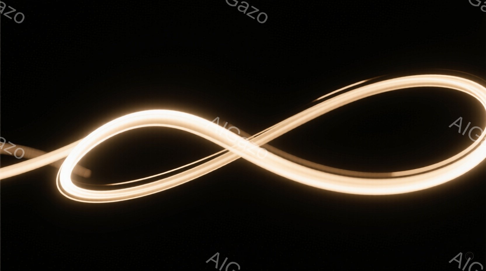 漆黒の背景に、光の軌跡が無限大の記号を描いています。光は暖色系の黄色で、まるで発光しているかのようにぼんやりと輝き、柔らかい印象を与えます。背景は完全に暗く、光の軌跡が際立ち、神秘的で未来的な雰囲気を醸し出しています。