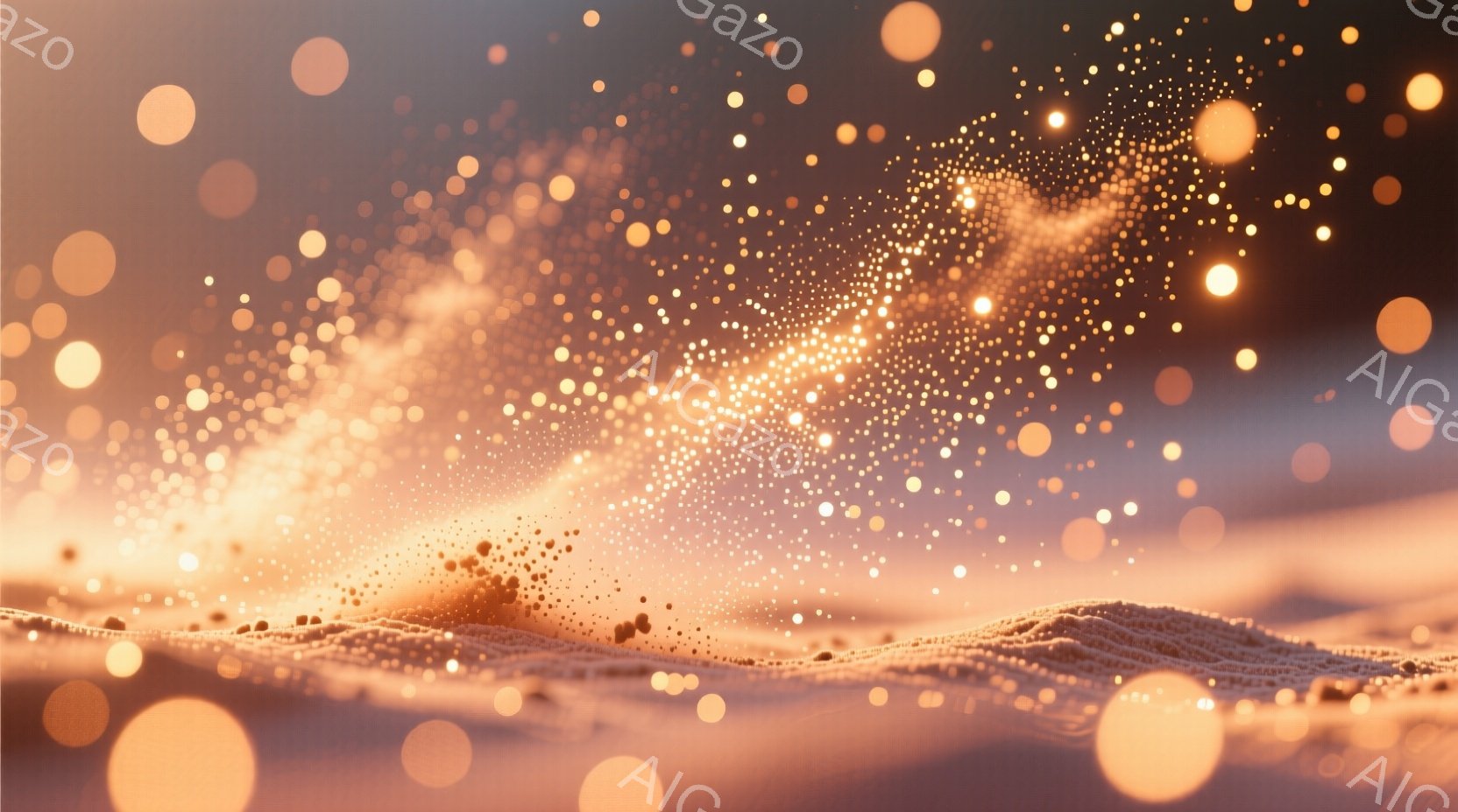 暖色系のぼやけた背景に、無数の小さな光の粒子が散りばめられています。地平線のような低い線が光を反射し、まるで砂丘のような地形を思わせます。全体的に幻想的で夢幻的な雰囲気であり、光の粒子が流動的なエネルギーを表現しているようです。