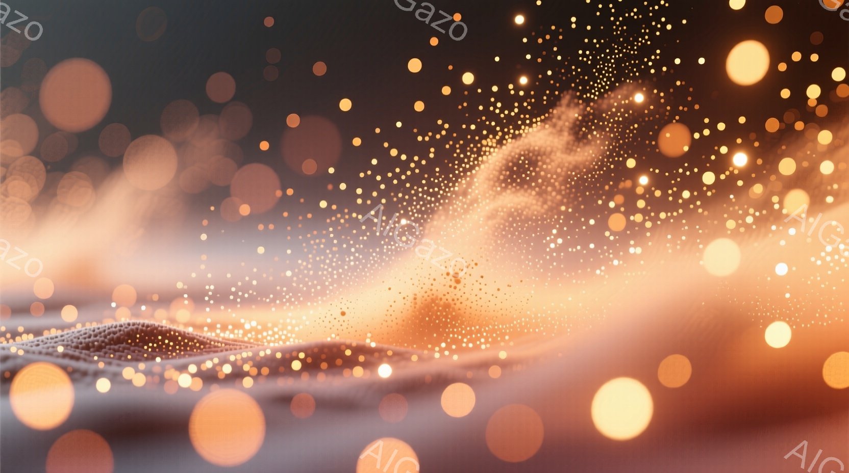 抽象的な光の粒子が広がる画像で、中央には粒子が集まって波のような形を形成している。背景は暗く、粒子が光り輝くことで幻想的な雰囲気が漂っている。全体として、生命の躍動やエネルギーの流れを感じさせる、神秘的なイメージである。