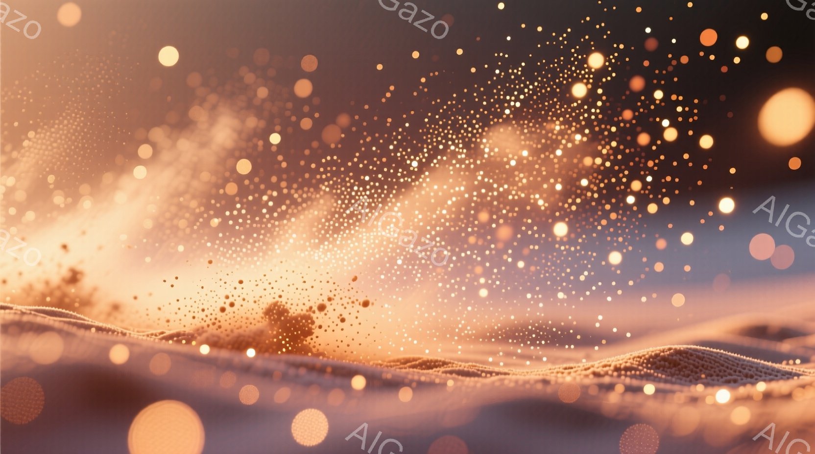 暖かく光り輝く粒子が、まるで砂漠の風景のような起伏のある地形を覆い尽くしている。粒子は金、オレンジ、白の色調で、ぼんやりとした光の筋と混ざり合い、夢幻的な雰囲気を醸し出している。全体的に柔らかく、幻想的で、温かい光が漂う抽象的なイメージである。