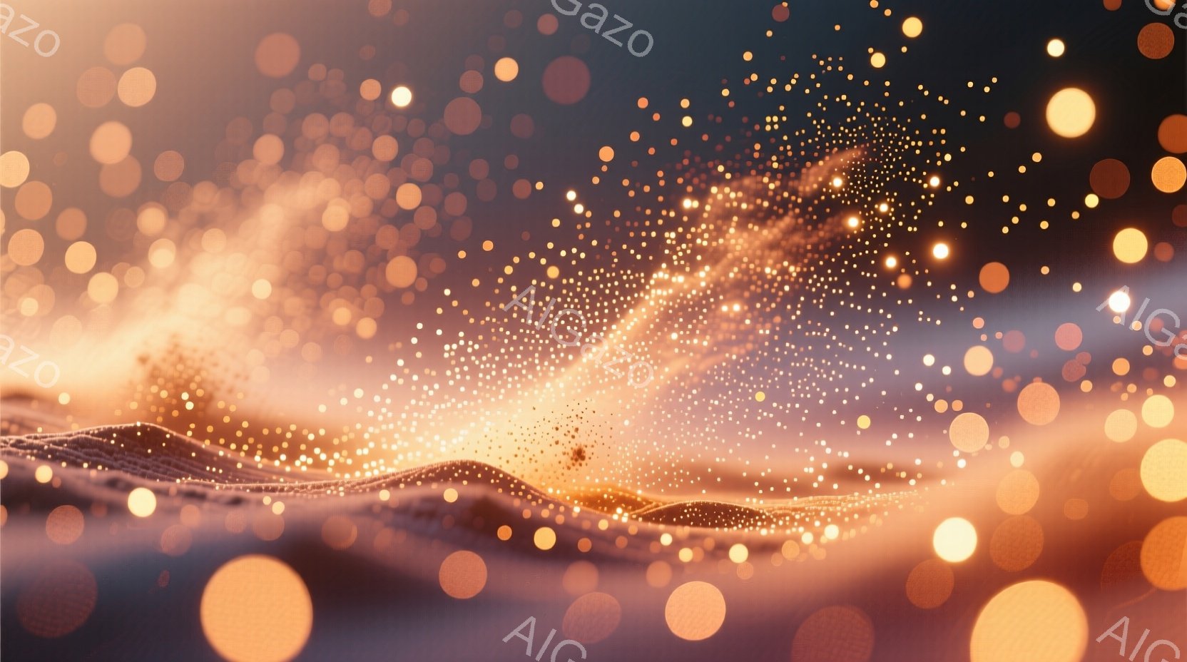 鮮やかなオレンジとゴールドの光の粒子が、まるで波紋のように広がり、抽象的な風景を形作っている。光の粒子は、光沢のある暗い背景の中で輝き、神秘的で夢幻的な雰囲気を醸し出している。この画像は、エネルギーと - AI生成フリー素材