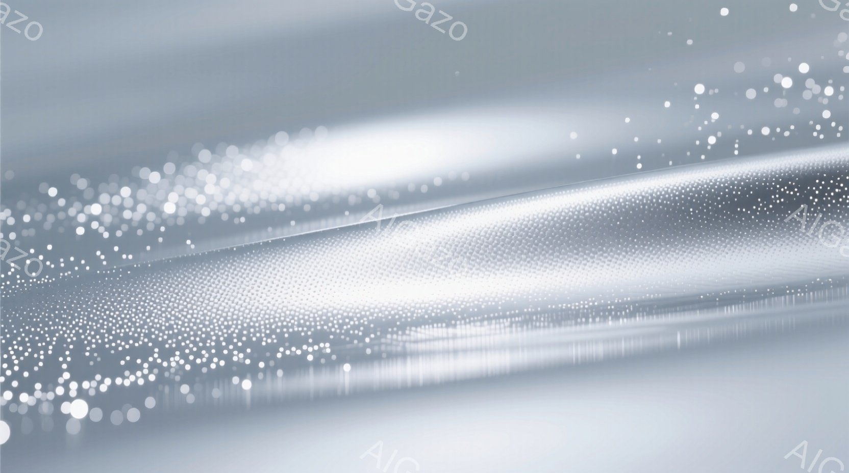 この画像は、水面のような滑らかな灰色のグラデーションと、多数の小さな光の粒子が散りばめられた抽象的な表現です。光の粒子は、まるで水面に反射した光のようにも見え、神秘的で幻想的な雰囲気を醸し出しています。全体的に、静かで穏やかながらも、どこか未来的な印象を受ける画像です。